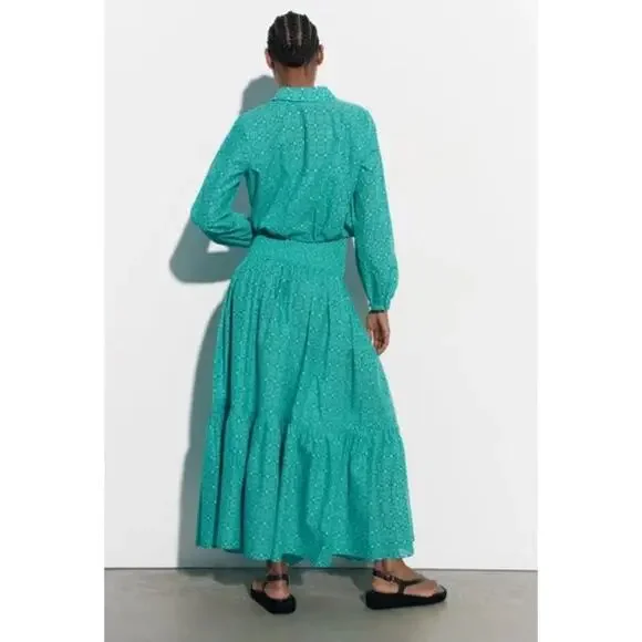 Zara Matching Set Maxi Skirt Crop Blouse XS Blue Green Print Dress 100%  Cotton